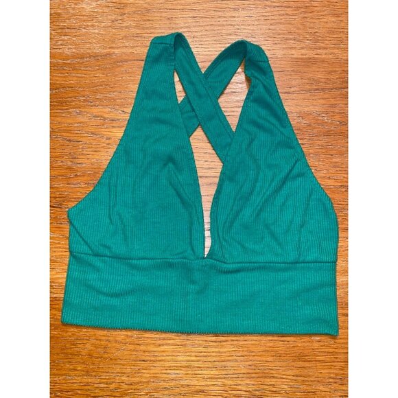 Ribbed Green Plunge Halter Bralette Top Cross Back - Picture 1 of 3